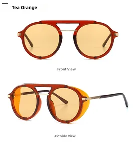 Front and side views of steampunk sunglasses with tea orange frames and gold bridge