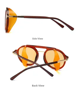 Steampunk sunglasses side and back view detail with orange side shields and metal temples