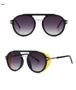 Steampunk sunglasses with black frames, purple gradient lenses and yellow side shields