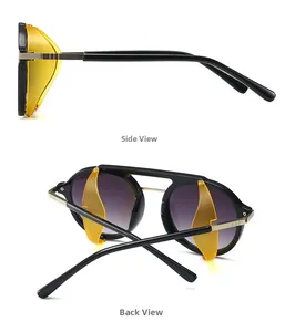 Steampunk sunglasses side and back view with yellow removable side shields and gradient lenses