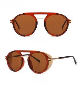 Front and profile views of steampunk round sunglasses with tea frames and metal bridge
