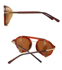 Detail view of steampunk sunglasses with amber frames and protective side shields