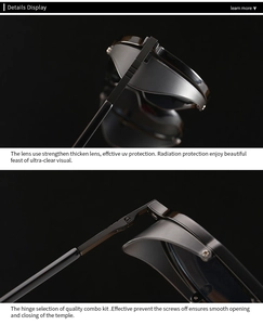 Detail view of steampunk sunglasses featuring UV protection lenses and reinforced metal hinges