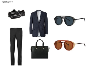 Flat lay of steampunk sunglasses with striped blazer and leather business briefcase