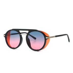 Steampunk black round frame sunglasses with gradient lenses and orange side shields