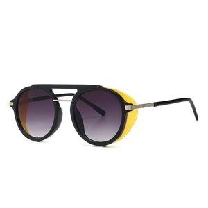 Steampunk round sunglasses with purple gradient lenses and yellow side shield blinkers
