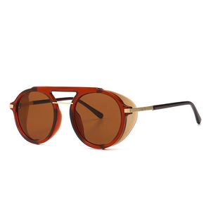 Steampunk round sunglasses with amber frames, side shields and tinted lenses