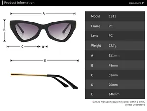Detailed size chart and dimensions for butterfly style vintage cat-eye sunglasses