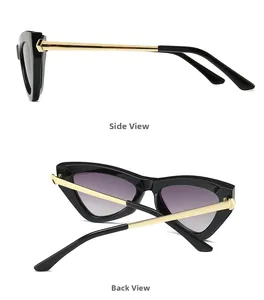 Side and back view of retro cat eye sunglasses with gold temples and black frames