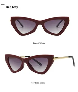 Detailed views of wine red cat eye sunglasses with gold temples and gradient lenses