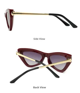 Detailed side and back view of burgundy cat-eye sunglasses with gold metal temples