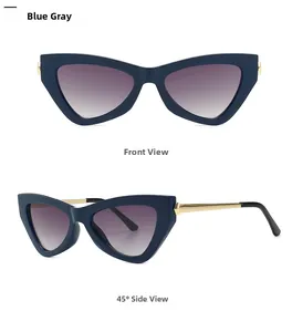 Detailed front and 45-degree angle views of dark blue cat eye sunglasses with gold temples