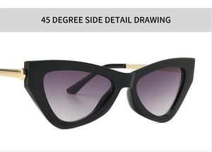 Detailed 45-degree side view of black cat-eye sunglasses with purple gradient lenses