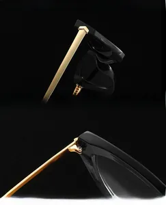 Detail view of reinforced metal hinges and UV protective lenses on cat-eye sunglasses