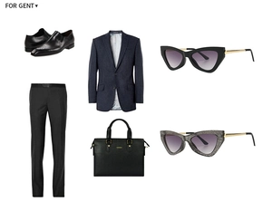 Flat lay of men's business suit, leather bag, dress shoes, and narrow cat-eye sunglasses