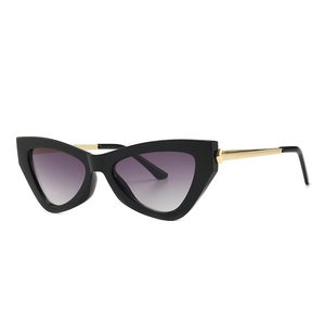 Modern cat-eye sunglasses with black frames, gold temples, and purple gradient lenses
