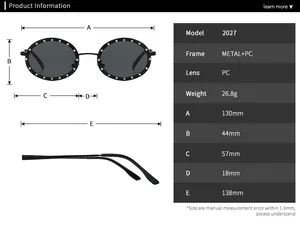 Detailed size specifications and technical measurements for round rhinestone sunglasses