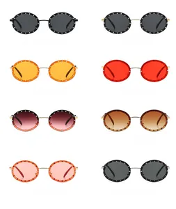 Detail view of oval rivet-studded sunglasses in eight trendy assorted color frames