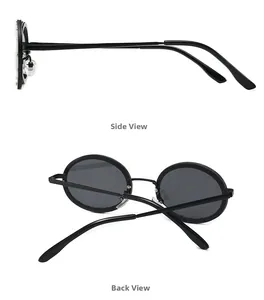 Detailed side and back views of round vintage sunglasses with silver rivet accents