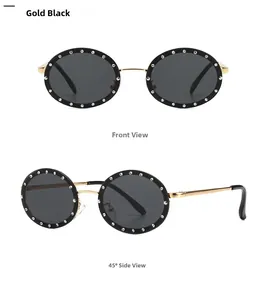 Front and side view of round sunglasses with gold-black frame and rhinestone trim