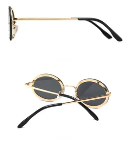 Detail view of round sunglasses with crystal-encrusted metal frames from side and back angles