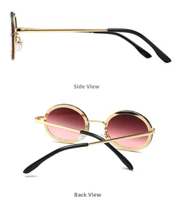 Side and back view of round oversized sunglasses with pink gradient lenses and gold metal frames
