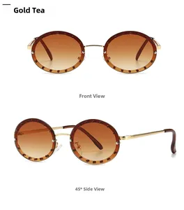 Detailed front and 45-degree views of gold round sunglasses with gradient tea lenses