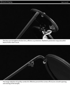 Macro detail of high-quality metal hinges and UV protection lenses on round sunglasses