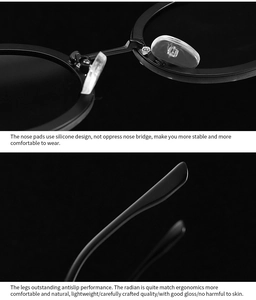 Detail of clear silicone nose pads and ergonomic glossy temples on round sunglasses