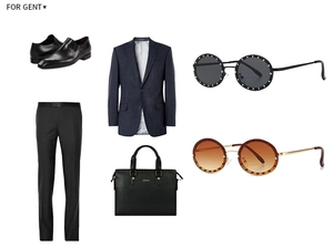 Flat lay of men's business suit, leather shoes, briefcase, and round studded sunglasses