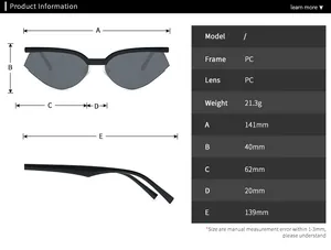 Specifiche dettagliate delle dimensioni per occhiali da sole cat-eye con montatura da 141mm