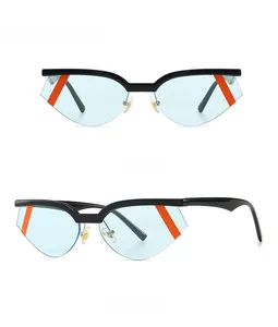 Viste frontale e a 45 gradi di occhiali da sole cat-eye neri con lenti blu e strisce arancioni