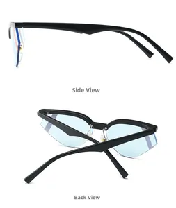 Vista laterale e posteriore degli occhiali cat-eye stretti con lenti blu e montatura