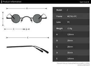 Size chart for vintage small round steampunk sunglasses with metal frame and PC lens