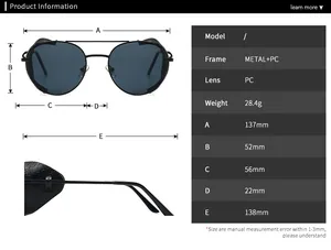 Detailed size chart for steampunk sunglasses featuring frame and lens dimensions