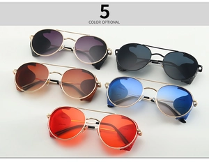 Detail showing five colors of steampunk pilot sunglasses with leather side shields