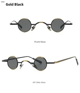 Detailed front and side view of gold black steampunk round metal frame sunglasses