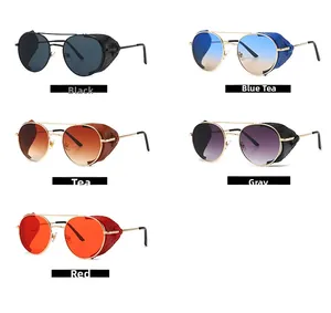 Steampunk round sunglasses detail showing side shields with crocodile leather texture