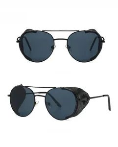 Front and 45 degree side view of steampunk sunglasses with black metal frame and side shields