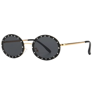 Retro round rhinestone sunglasses with black frame and golden metal temples for women