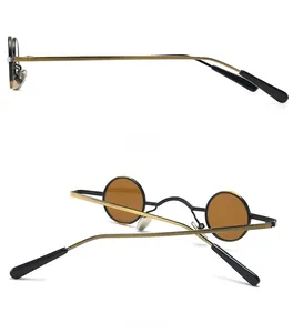 Side and back view of retro steampunk sunglasses with gold metal frame and brown lenses