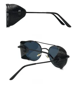 Steampunk sunglasses detail showing side leather shields and round metal frame