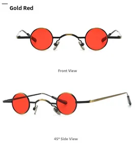 Steampunk mini round sunglasses with retro gold metal frame and red lenses