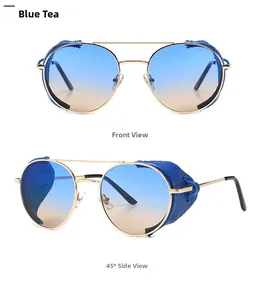Steampunk round sunglasses with gold metal frame, blue-tea gradient lenses and side shields