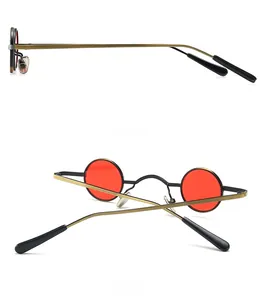 Detailed side and back views of steampunk sunglasses with red round lenses and bronze frame