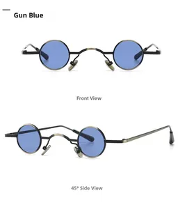 Front and side views of Gun Blue retro steampunk round metal small sunglasses