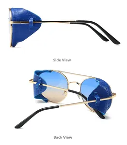 Detail view of steampunk sunglasses with gold metal frame and blue side shields