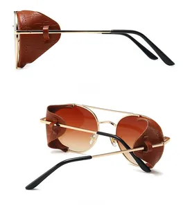 Steampunk sunglasses side and back views with crocodile leather side shields and gold frame