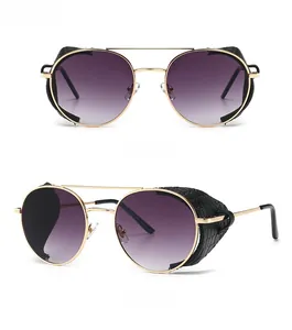 Macro detail of round steampunk sunglasses with purple lenses and snakeskin side shields