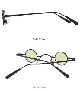 Detailed side and back views of steampunk retro small round metal sunglasses with yellow lenses